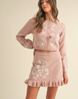 MABLE Floral Embroidered Crop Cardigan and Ruffled Mini Skirt Set