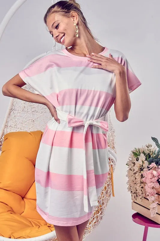 BiBi Tie Front Striped Short Sleeve Dress