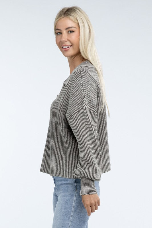 ZENANA Washed Collared Henley Sweater