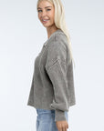 ZENANA Washed Collared Henley Sweater