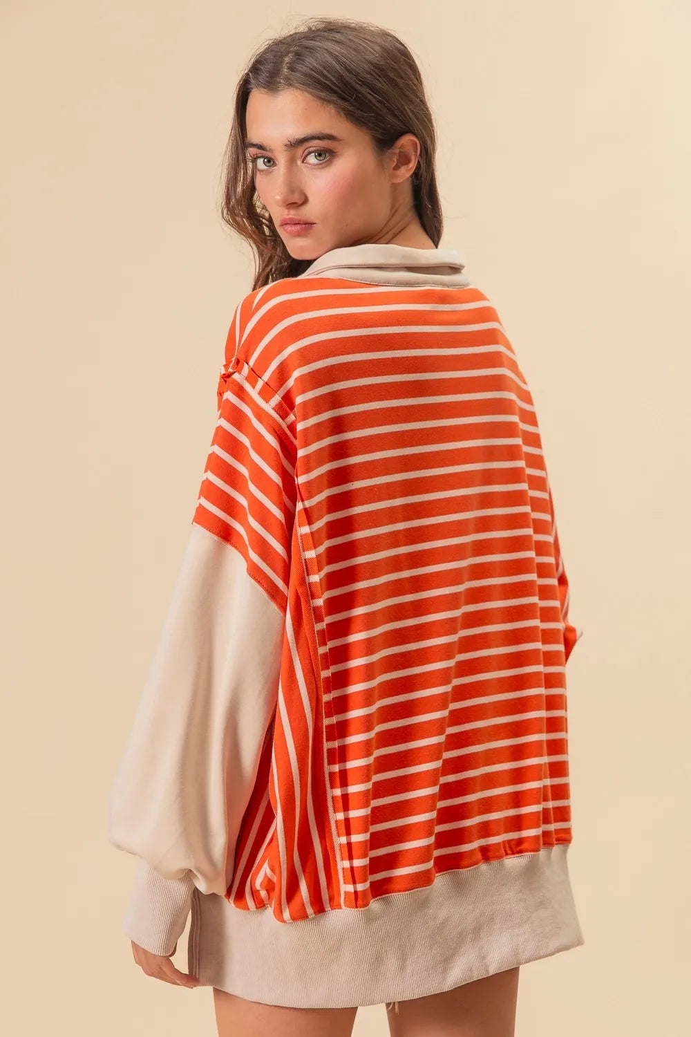 BiBi Stripe Knit Loose Fit Top With Cut Edge Detail in Orange