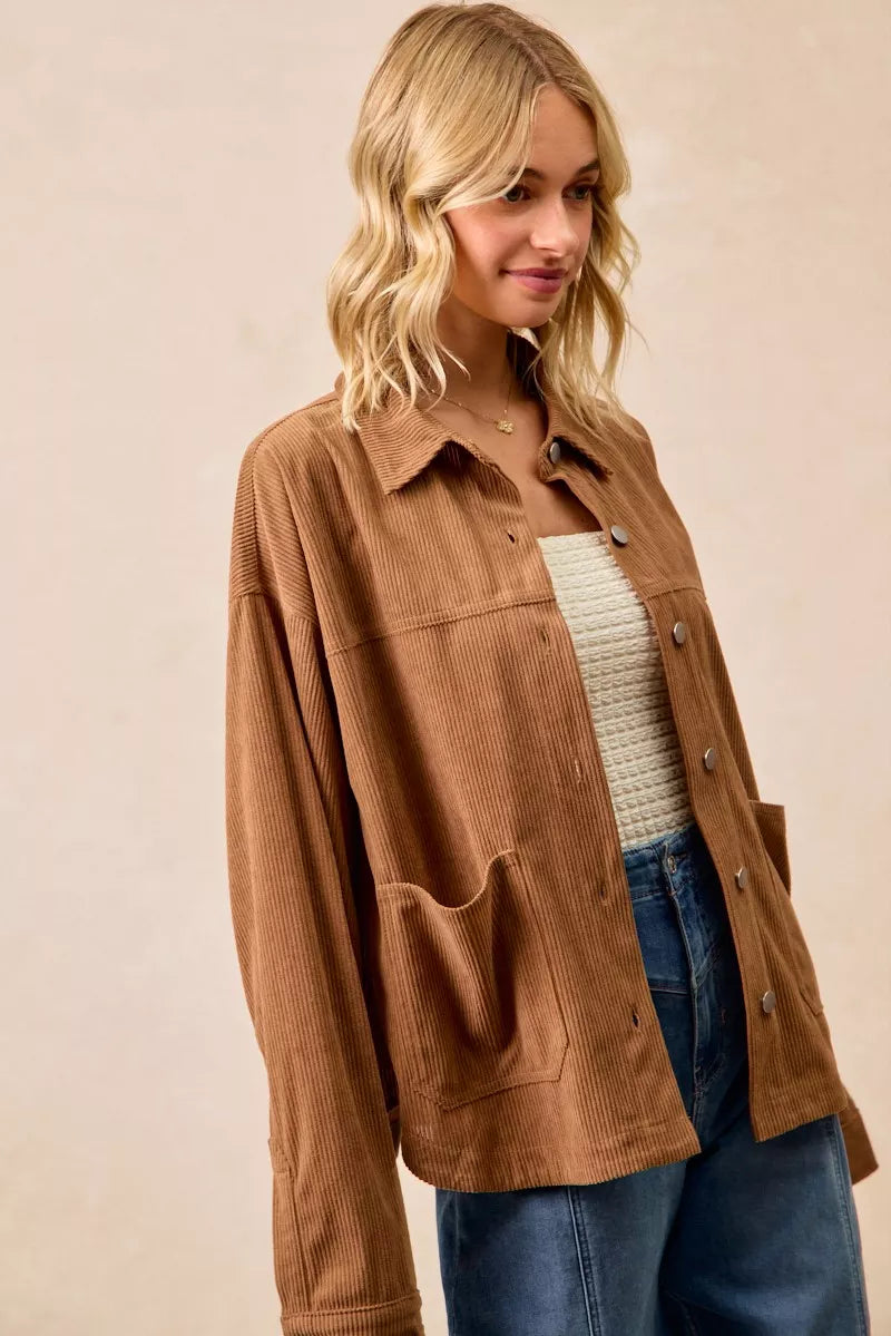 BiBi Corduroy Relaxed Fit Shacket with Back Pleat