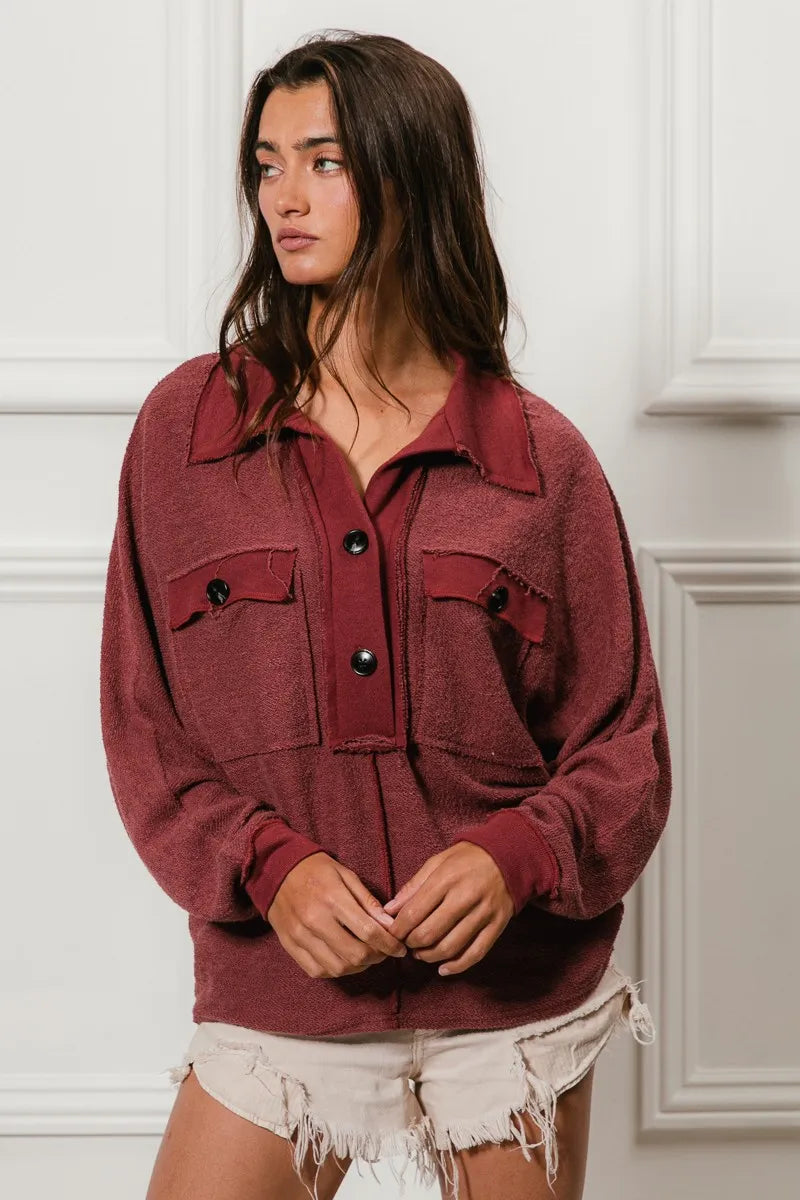 BiBi Cp French Terry Cut Edge Detail Collared Top