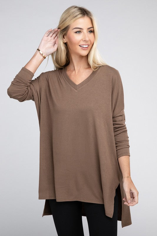 Zenana Dolman Long Sleeve V-Neck Side Slit Hi-Low Hem Top