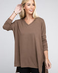 Zenana Dolman Long Sleeve V-Neck Side Slit Hi-Low Hem Top