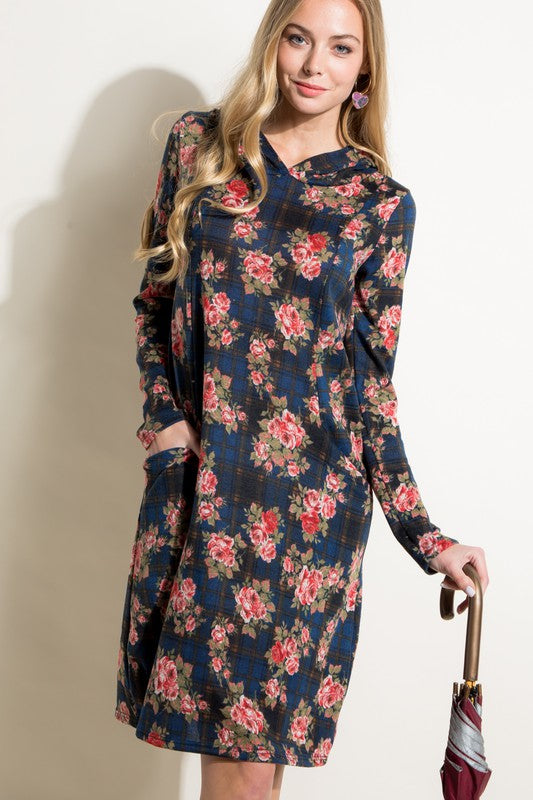 e Luna Floral and Plaid Print Sweatshirt Mini Dress