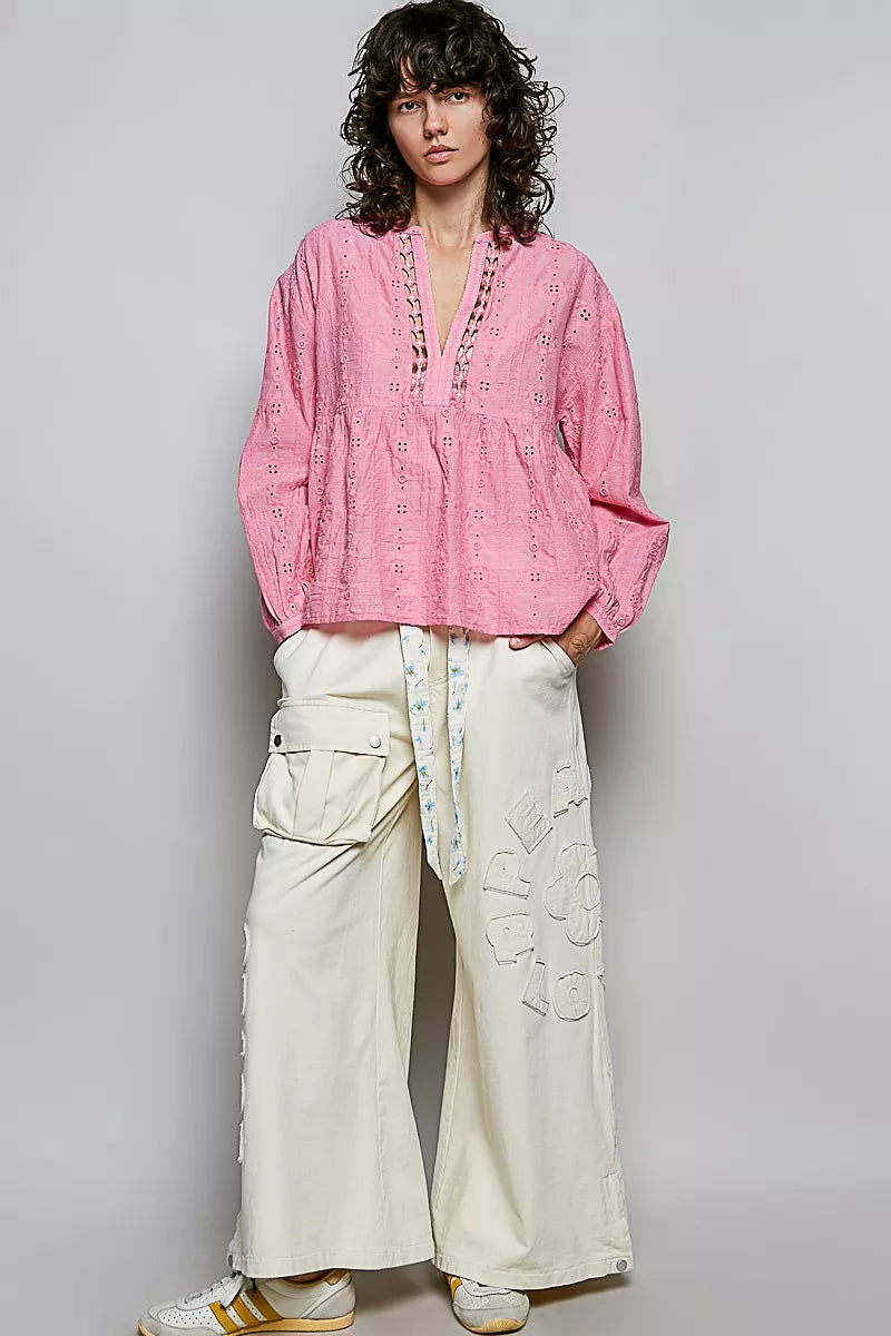 POL Eyelet Lace Split Neck Gathered Empire Waist Cotton Blouse