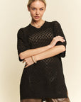 Davi & Dani Side Slit Openwork Round Neck Half Sleeve Knit Cover Up