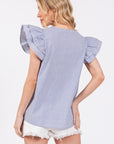 Ces Femme Striped V-Neck Ruffled Cap Sleeve Blouse