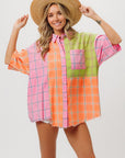 BiBi Plaid Collared Neck Half Sleeve Shirt