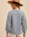 Annie Wear Half Button Ribbed Hem Sweater