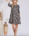 Celeste Full Size Leopard Three-Quarter Sleeve Dress with Pockets