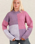 VERY J Color Block Mock Neck Drop Shoulder Sweater