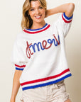 BiBi Metallic America Letter Short Sleeve Sweater