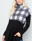 Celeste Full Size Pocketed Plaid Turtleneck Long Sleeve Blouse