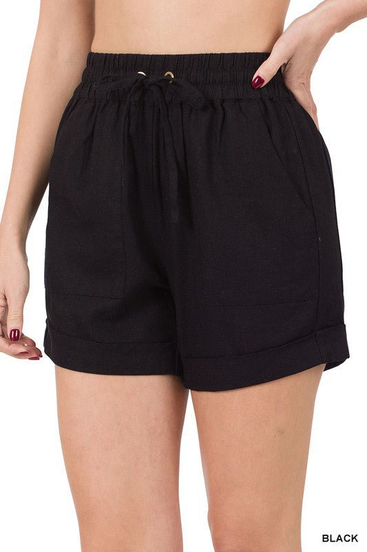 Zenana Linen Drawstring Waist Shorts with Pockets