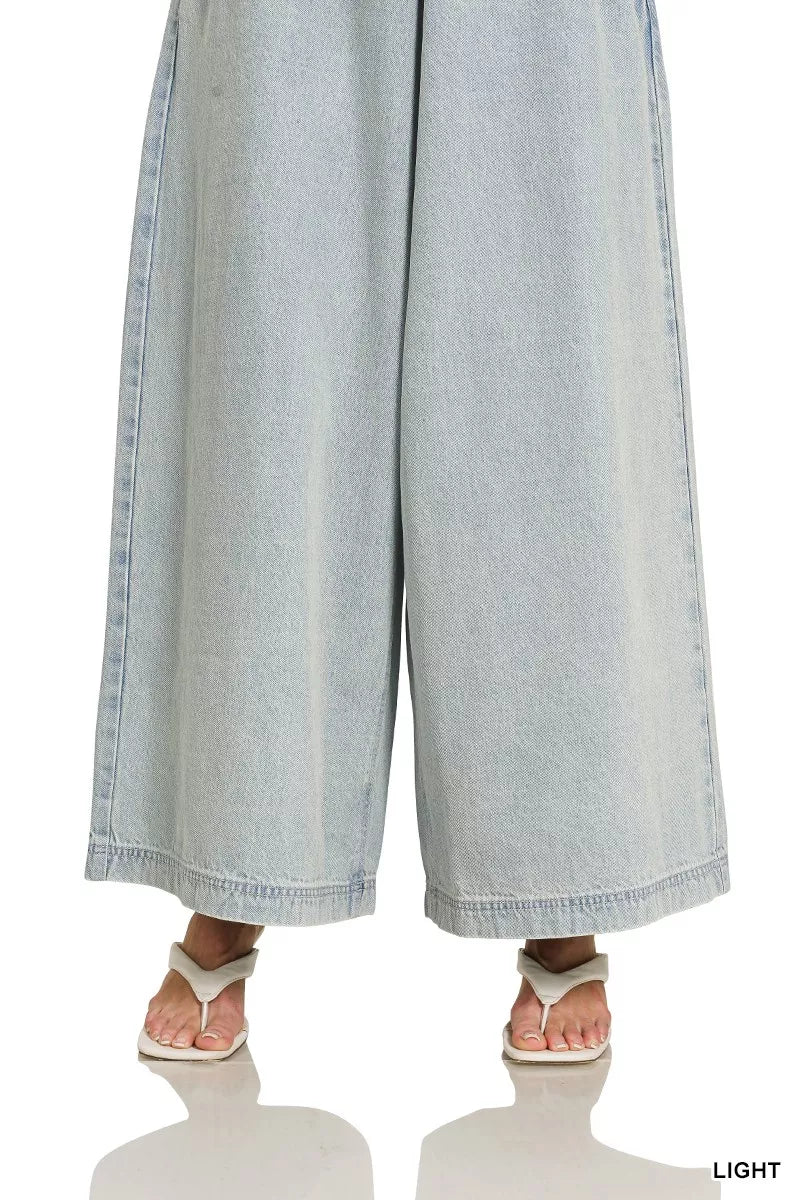 Zenana Denim Light Washed Wide Leg Overalls