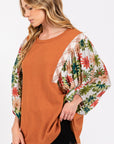 SAGE + FIG Full Size Printed Balloon Sleeve Contrast Top