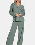 Zenana Button Down Long Sleeve Top and Pants Lounge Set