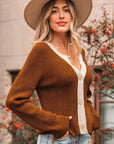 Contrast Trim Buttoned V-Neck Cropped Cardigan
