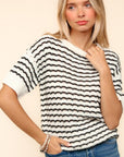 Haptics Openwork Striped Round Neck Half Sleeve Knit Top