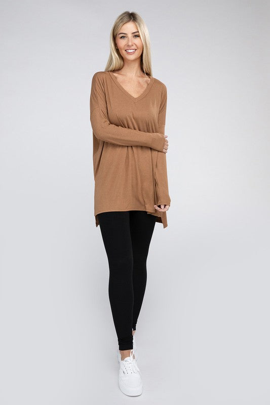 Zenana Dolman Long Sleeve V-Neck Side Slit Hi-Low Hem Top