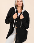 BOMBOM Textured Button Down Drawstring Hooded Shacket