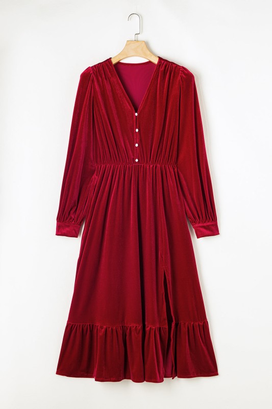 Olivia Velvet Buttoned Puff Sleeve V Neck Split Mi