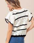 BiBi Pointelle Contrast Striped Short Sleeve Knit Top