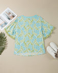 Plus Size Floral Frilled Colorblock Trim Blouse