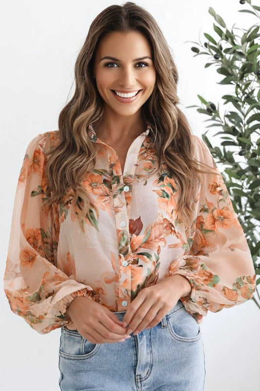 Floral Puff Sleeve Collared Shirt