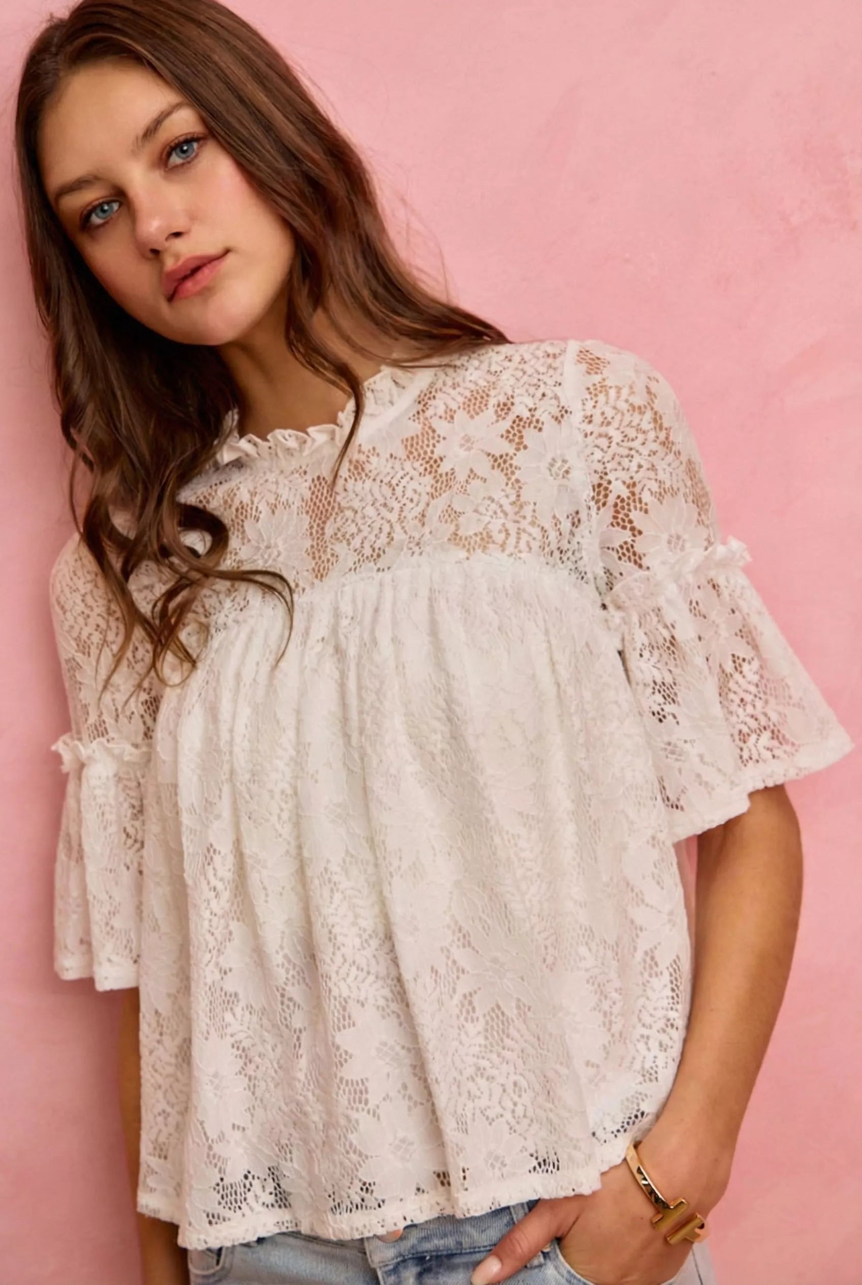 SO ME Lace Ruffled Short Sleeves Swing Top