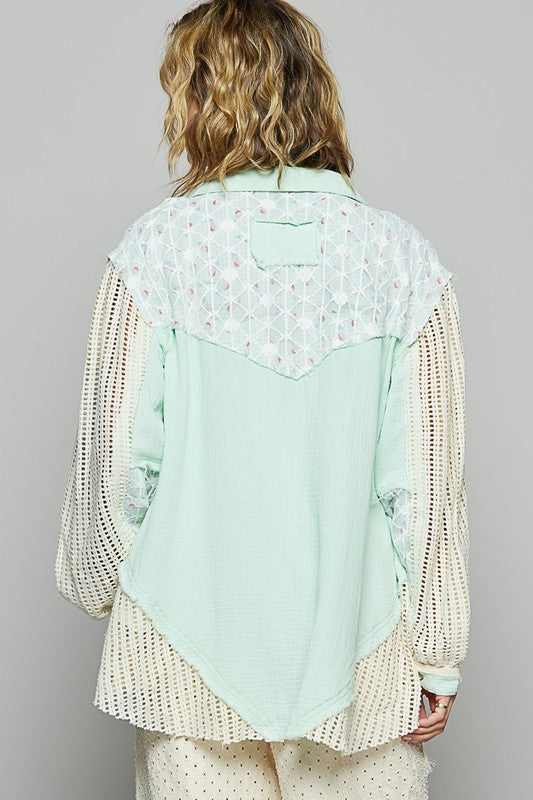 POL Lace Trim Crochet Button Up Denim Jacket