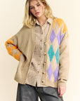 Davi & Dani Argyle V-Neck Dropped Shoulder Cardigan