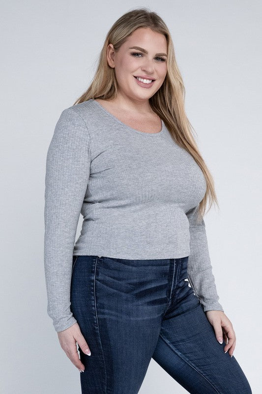 Plus Classic Ribbed Round Neck Long Sleeve Top