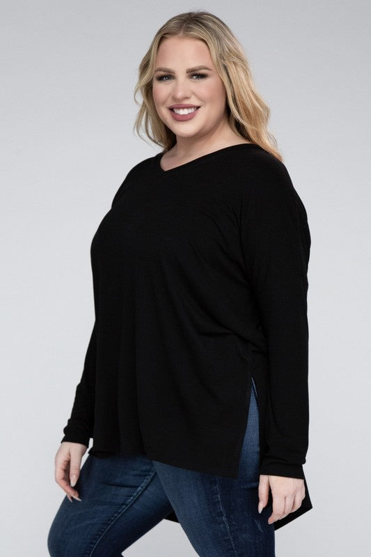 Zenana Plus Dolman Sleeve V-Neck Side Slit Hi-Low Hem Top