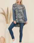 Celeste Full Size Camo Print High-Low T-Shirt with Stripe Sleeves