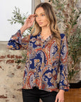 Sew In Love Full Size Wrinkle Free Paisley Print Long Sleeve Top