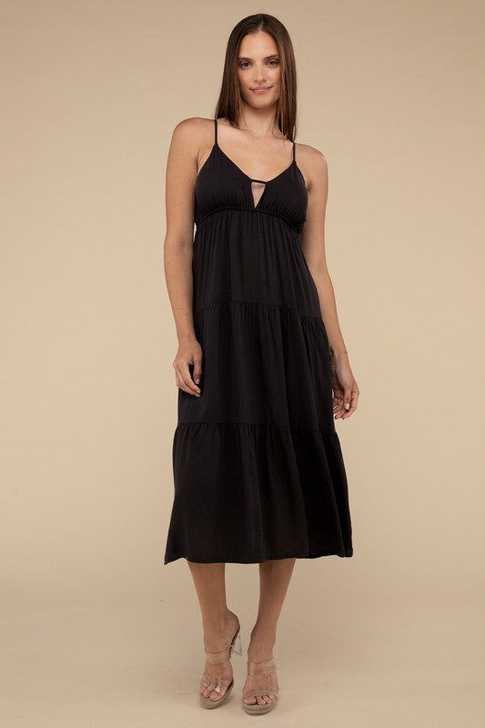 ZENANA Woven Sweetheart Neckline Tiered Cami Midi Dress