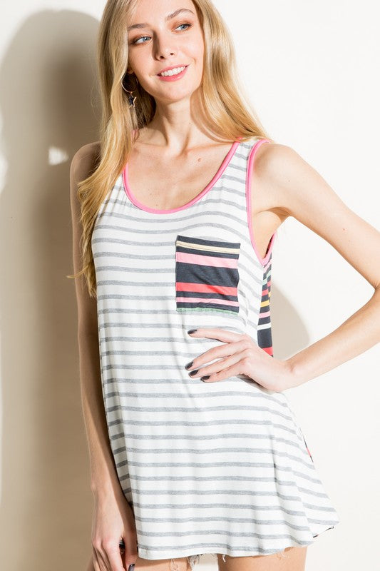 e Luna PLUS Mixed Stripe Pocket Tank Top