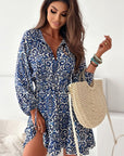 Women  Print Lace up V Neck Long Sleeve Mini Dress