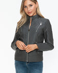 Snobbish Faux Leather Zip Up Mock Neck Jacket