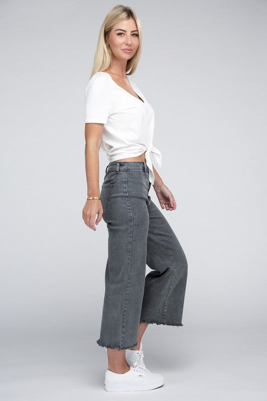 Zenana Acid Washed High Waist Frayed Hem Straight Pants