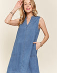 ADORA Notched Sleeveless Denim Dress with Pockets