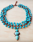 Triple Strand Turquoise & Copper Collar Necklace w/ Droplet Pendant 257lm