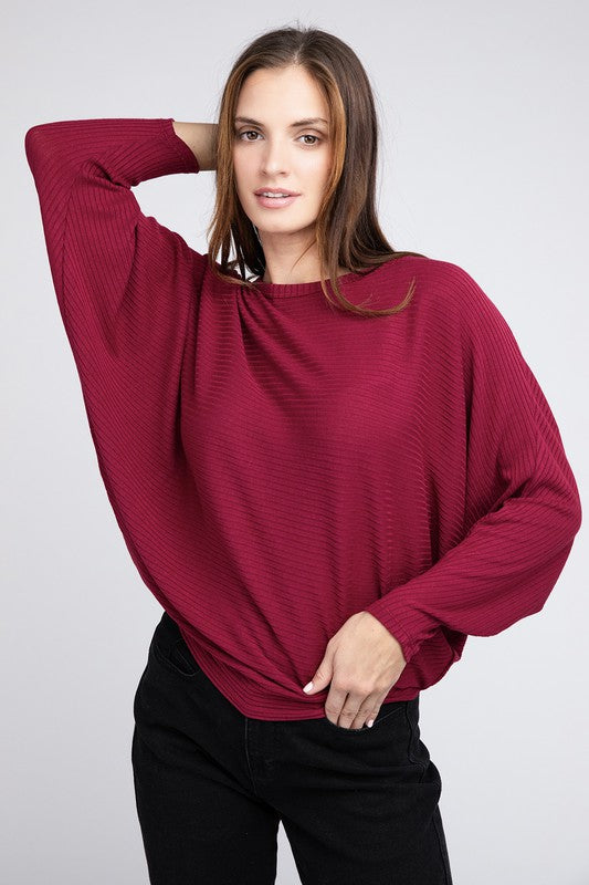 Zenana Ribbed Batwing Long Sleeve Boat Neck Sweater