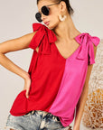 BiBi Shoulder Ribbon Tied Contrast Tank