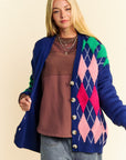 Davi & Dani Argyle V-Neck Dropped Shoulder Cardigan