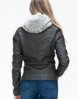 YMI Removable Faux Layered Multi-Pocket Jacket with Fuzzy Hood