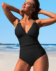 Scalloped V Neck Cut Out Monokini Swimwear